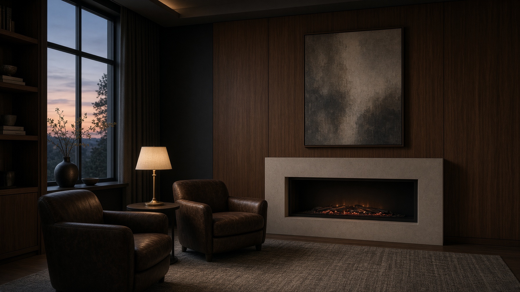 Leather chairs facing a fireplace